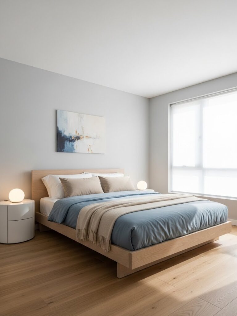 Light gray bedroom color ideas for small rooms with airy modern interior