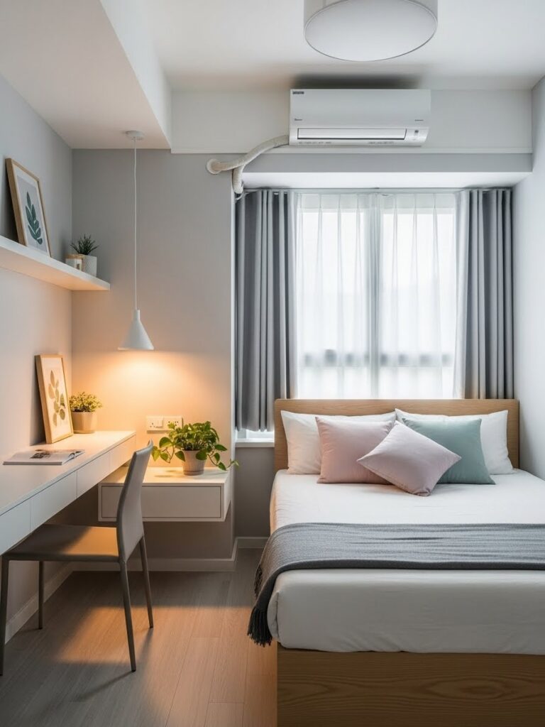 Modern light gray bedroom palette designed to make small rooms look bigger