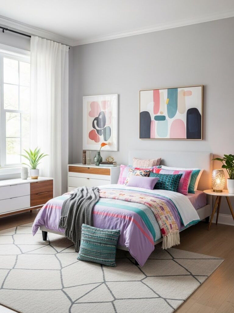Light gray bedroom with blush undertones and colorful modern decor