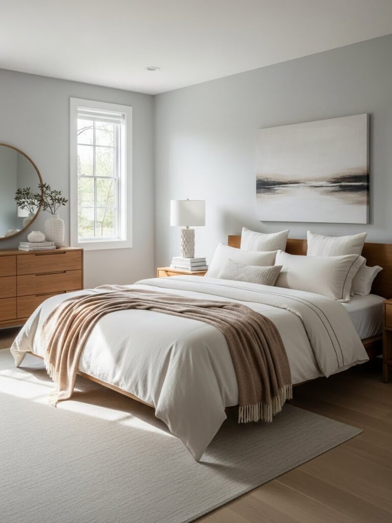 Light gray and cream bedroom palette creating a balanced neutral interior