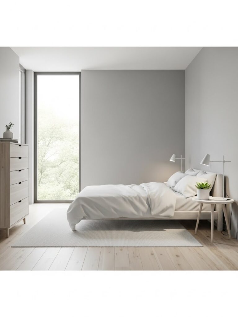 Light gray and white modern bedroom color palette with clean full room view