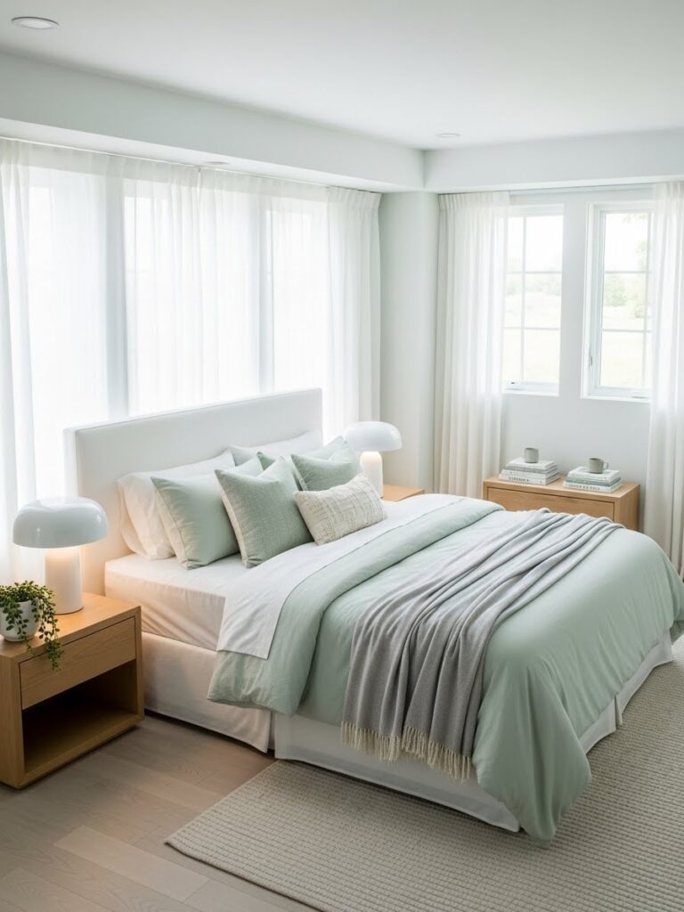 Modern bedroom with pale green and white color palette creating a calm atmosphere