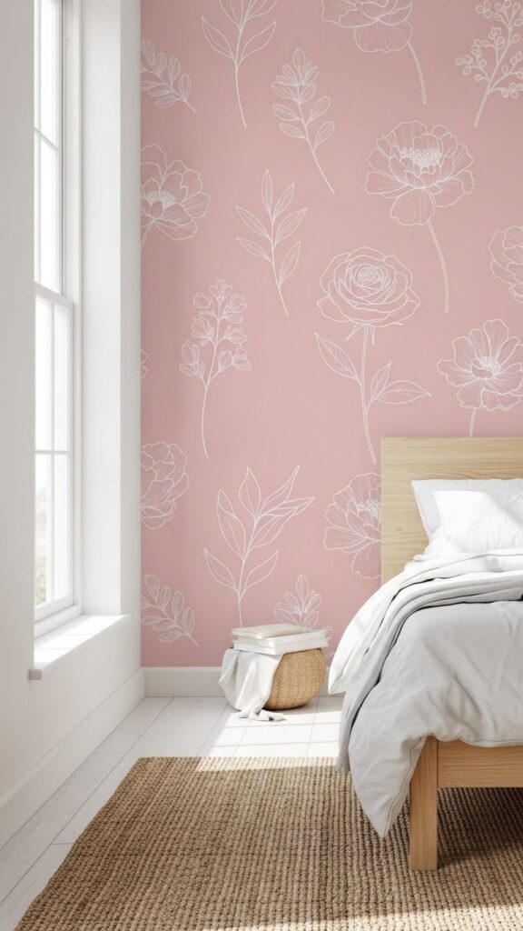 Light pink wallpaper with white botanical line drawing sketches