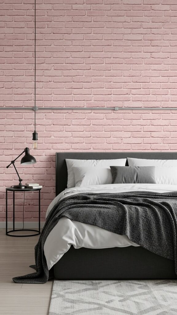 Light pink painted brick effect wallpaper in industrial chic bedroom