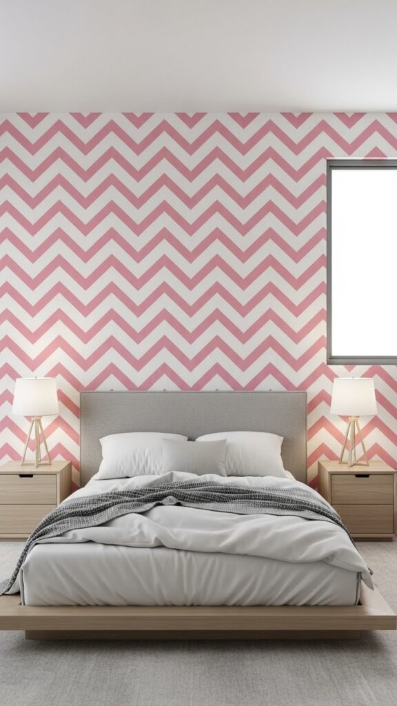 Light pink and white chevron zigzag wallpaper in contemporary bedroom