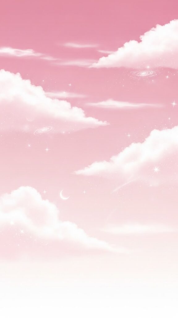 Light pink cloud wallpaper with soft white clouds in dreamy bedroom