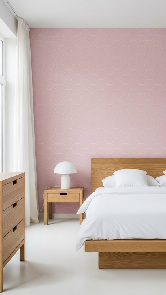 Light pink geometric hexagon wallpaper in minimalist Scandinavian bedroom