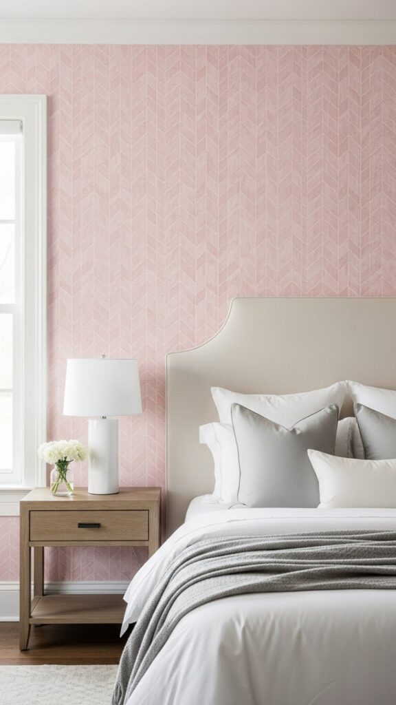Light pink herringbone pattern wallpaper in sophisticated bedroom

