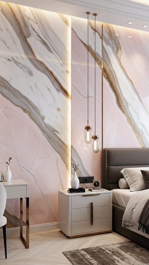 Light pink marble wallpaper with white and gold veining in luxury bedroom

