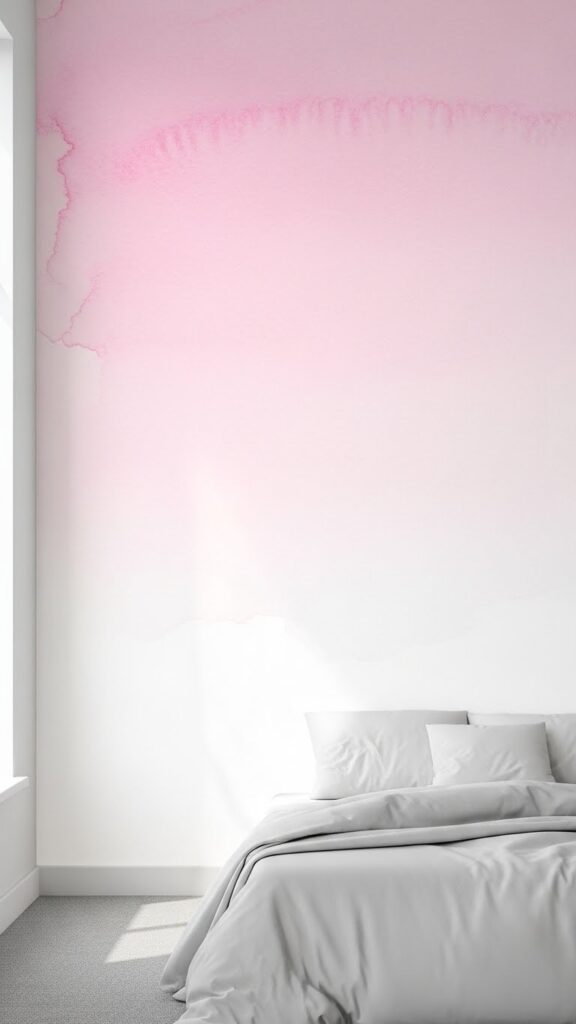 Ombre light pink wallpaper fading to white in dreamy bedroom