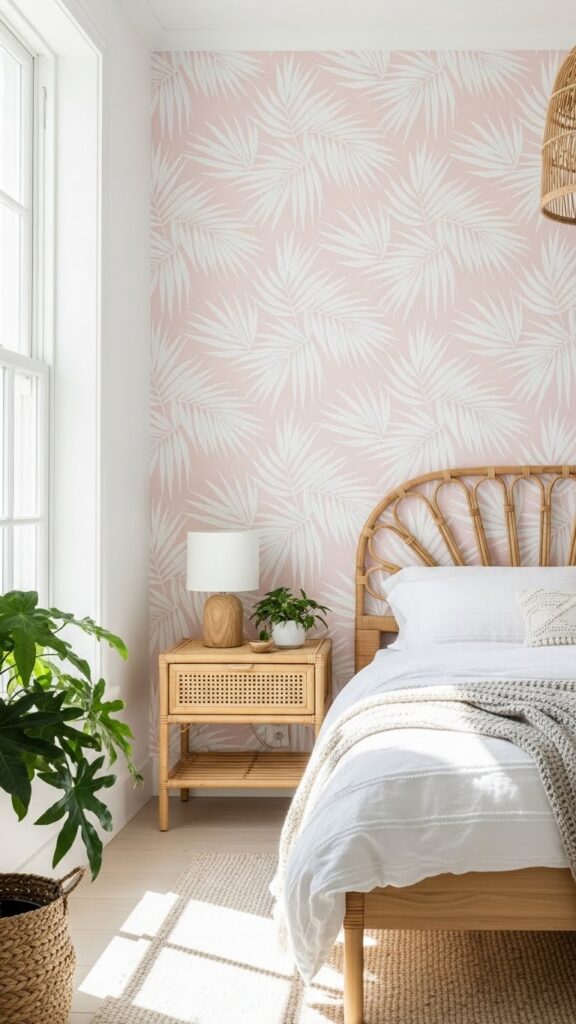 Light pink tropical palm leaf wallpaper in coastal style bedroom