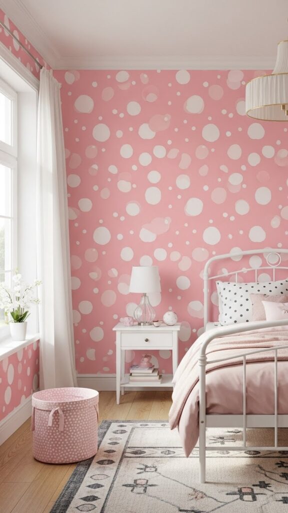 Light pink wallpaper with white polka dots in cheerful feminine bedroom