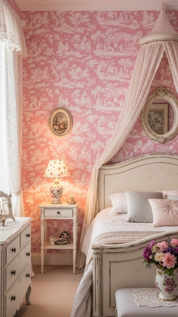 Light pink toile wallpaper with pastoral French country scenes