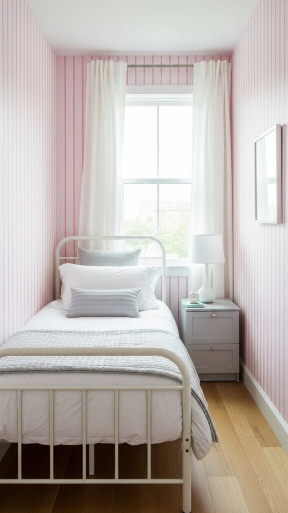 Small bedroom with light pink wallpaper and vertical stripe pattern making room feel taller
