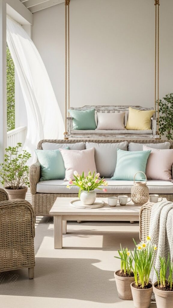 Spring porch decor with light textures and breathable materials for a fresh seasonal feel