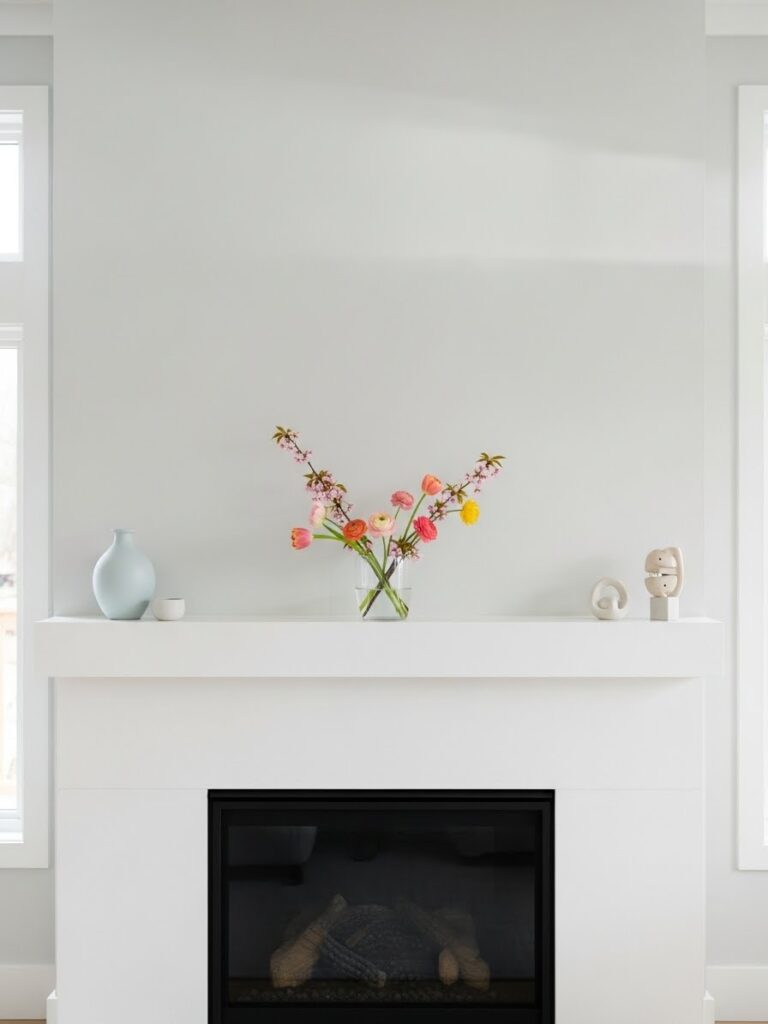 Light and uncluttered spring mantel decor in a bright living room