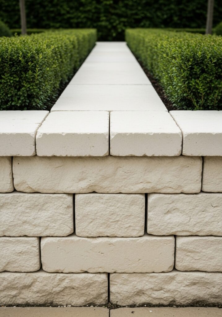 Cut limestone blocks stacked to create formal architectural garden border