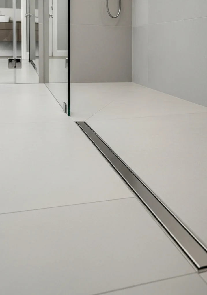 Linear drain along shower wall with sloped tile floor