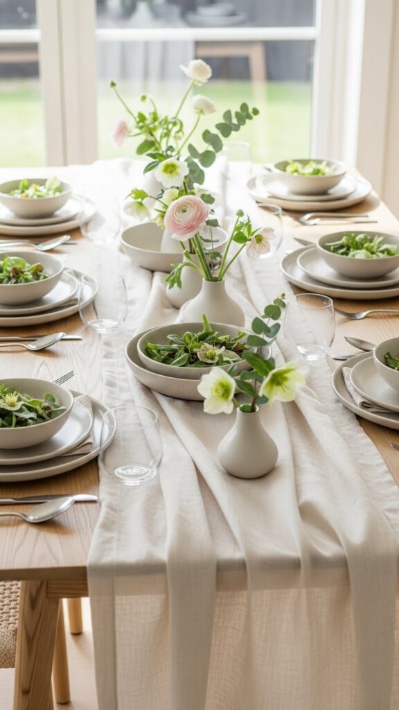 Soft linen table runner with neutral dishes creating a calm spring tablescape