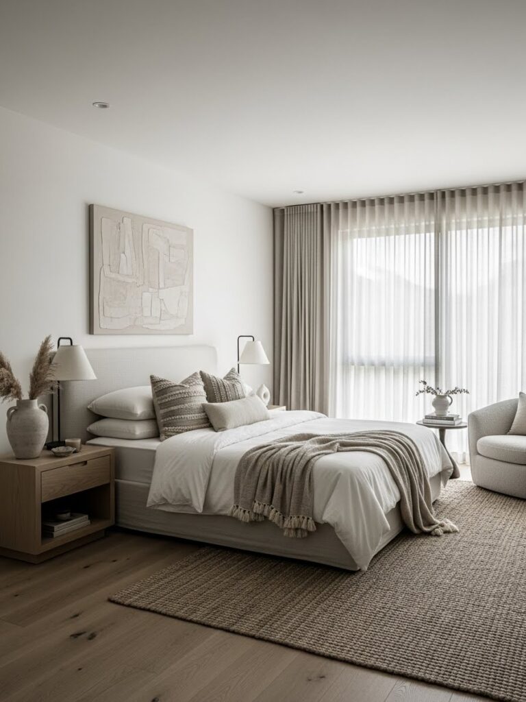 Modern bedroom with ivory and linen color palette creating a restful atmosphere