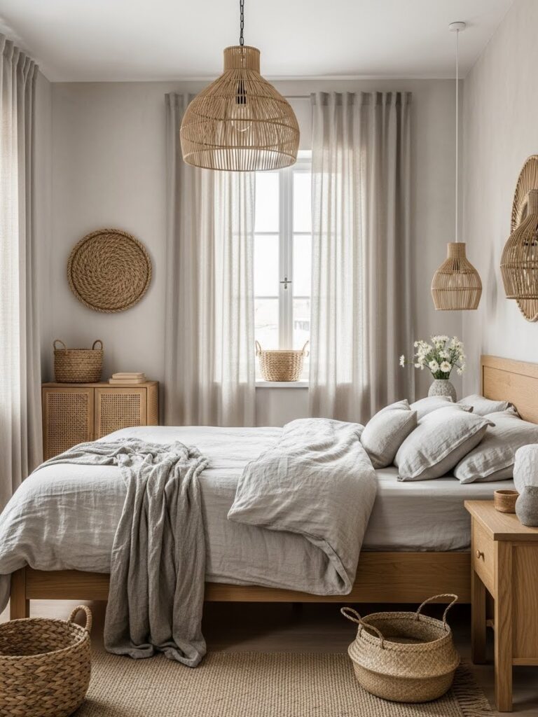 Bedroom painted in Linen White showing organic textured warmth mimicking natural undyed linen fabric
