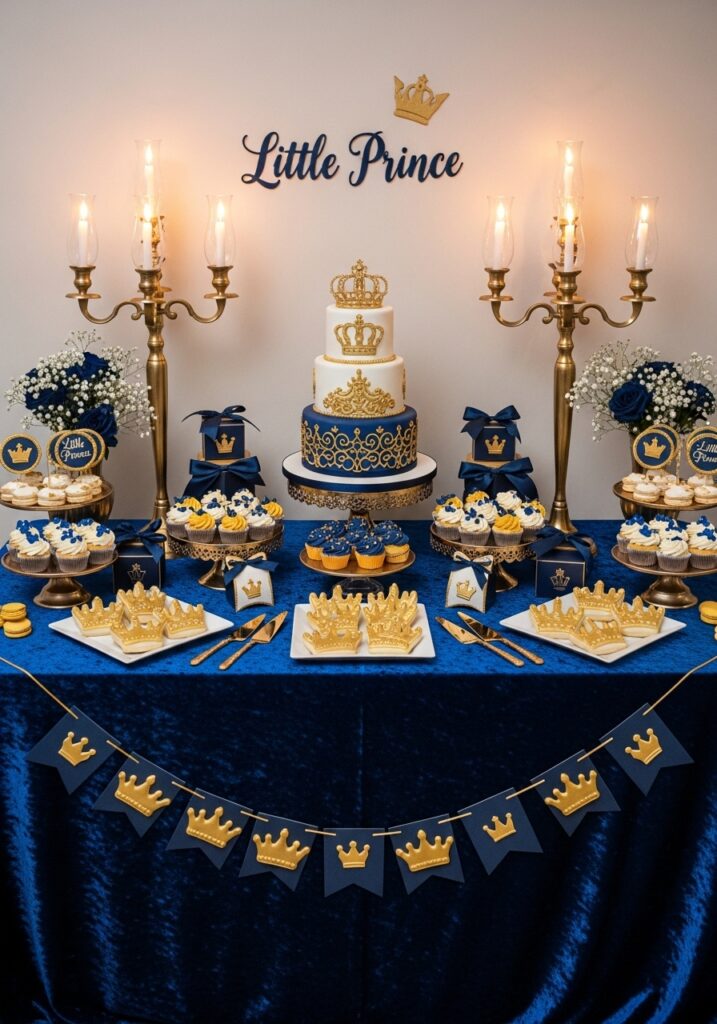 Little prince baby shower dessert table with crown decorations and royal theme