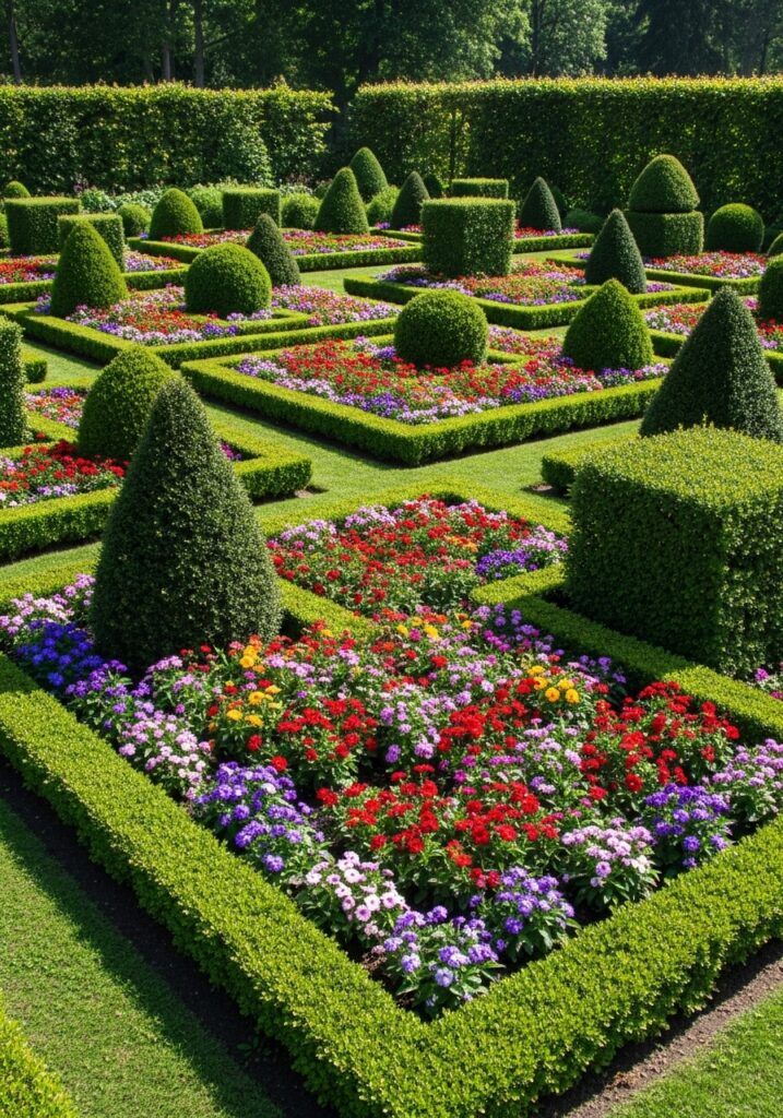 Clipped boxwood hedge creating formal living garden border in parterre design