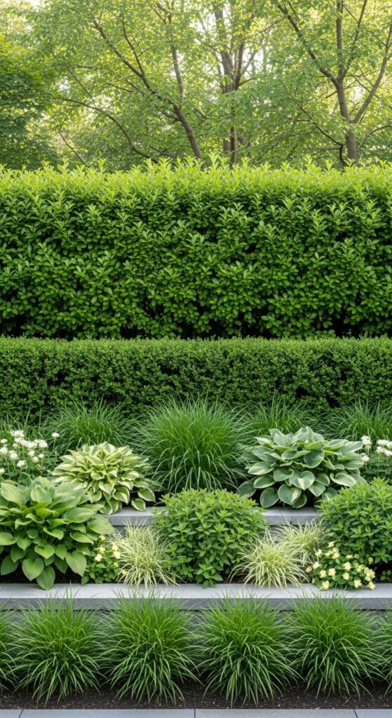 Tall trimmed hedge row creating natural privacy fence in backyard