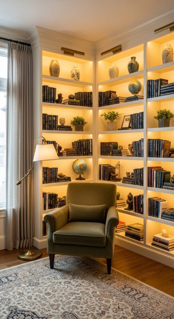 Living room corner reading nook with floor to ceiling built-in bookshelves wrapping around corner