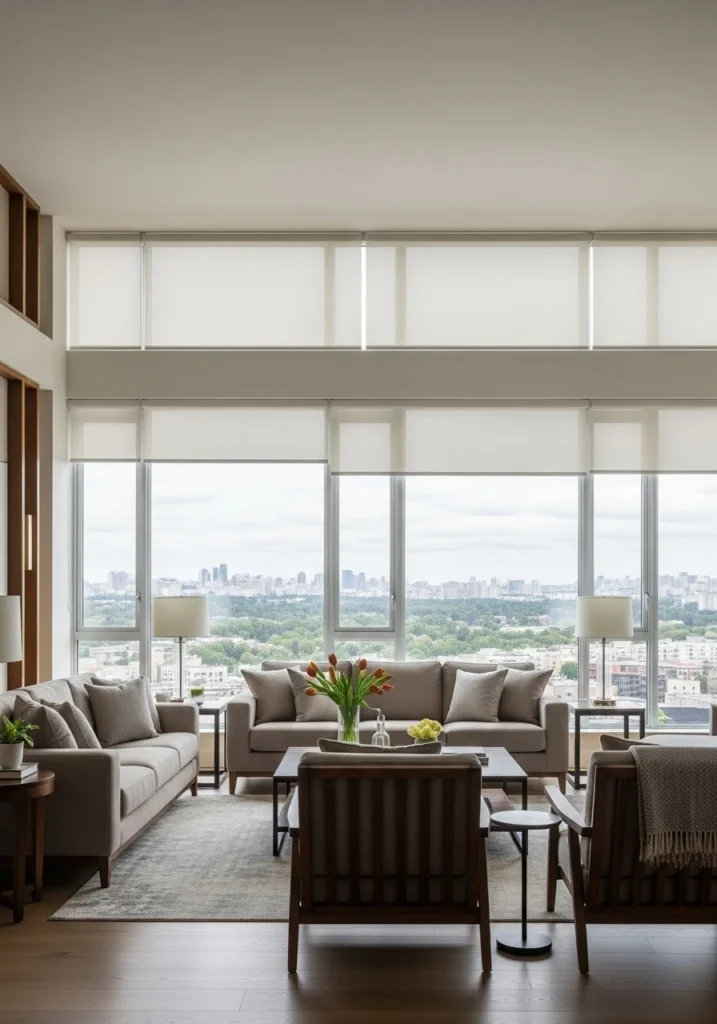 Living room layout maximizing window views with strategic furniture placement