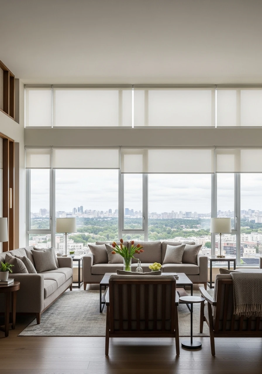 Living room layout maximizing window views with strategic furniture placement