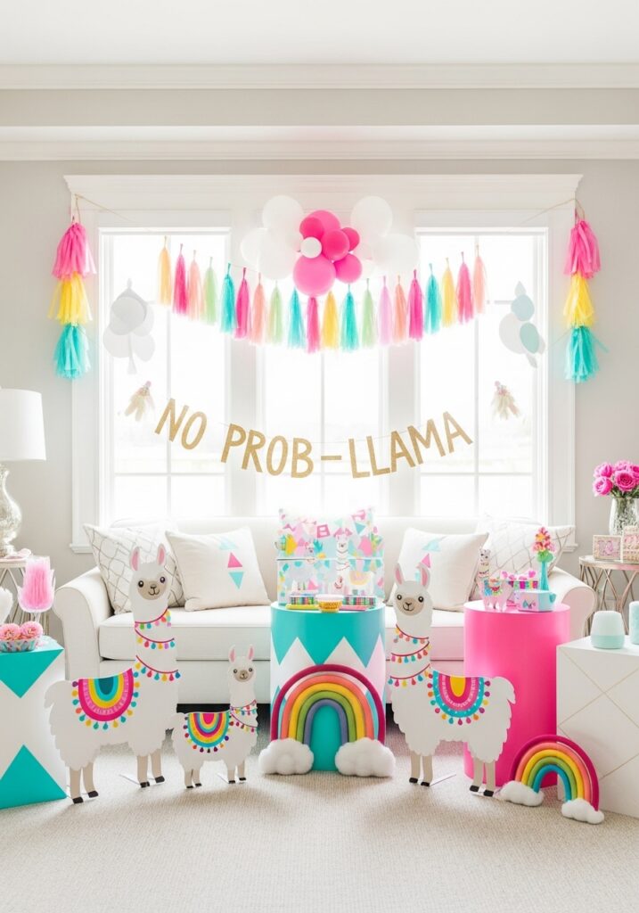 Llama baby shower with colorful llama decorations and playful modern theme