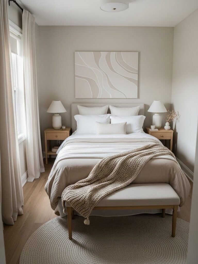 Modern low-contrast bedroom palette designed to make small rooms look bigger