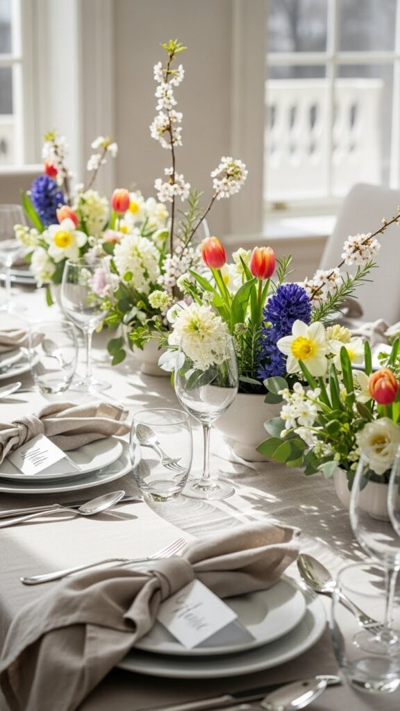 Low floral bowls used as conversation-friendly spring table centerpieces