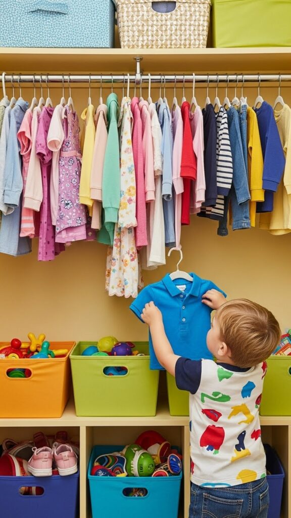 Low hanging rod installed at toddler height for independent clothing access