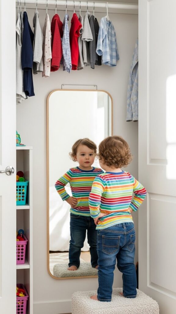 Toddler-height mirror allowing children to check outfits independently