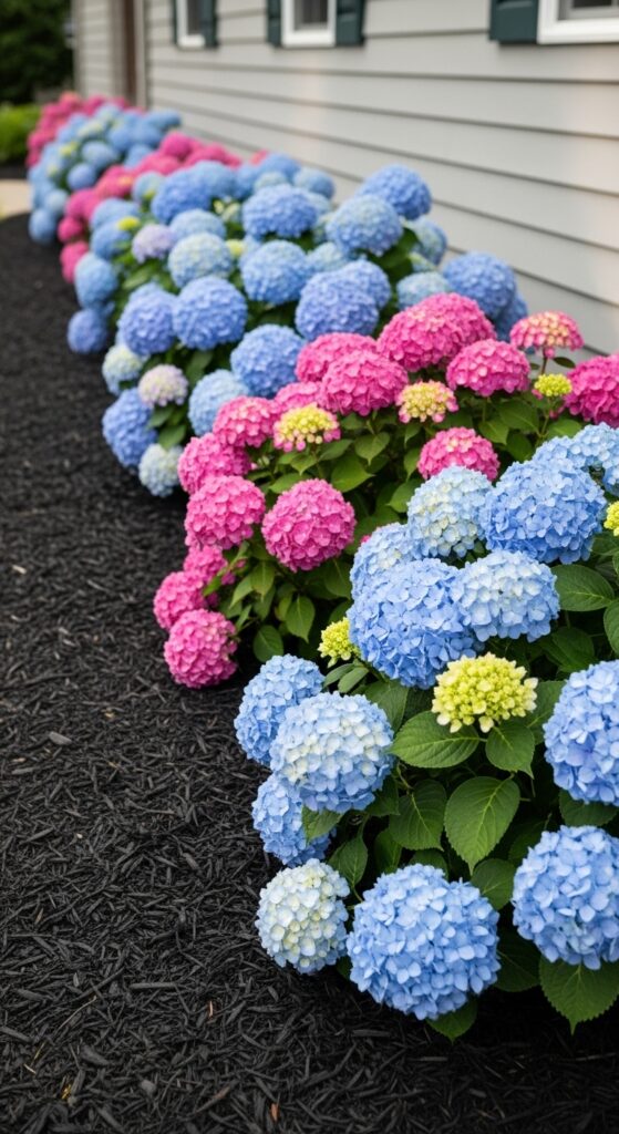 Blue and pink mophead hydrangeas planted along house foundation with dark mulch