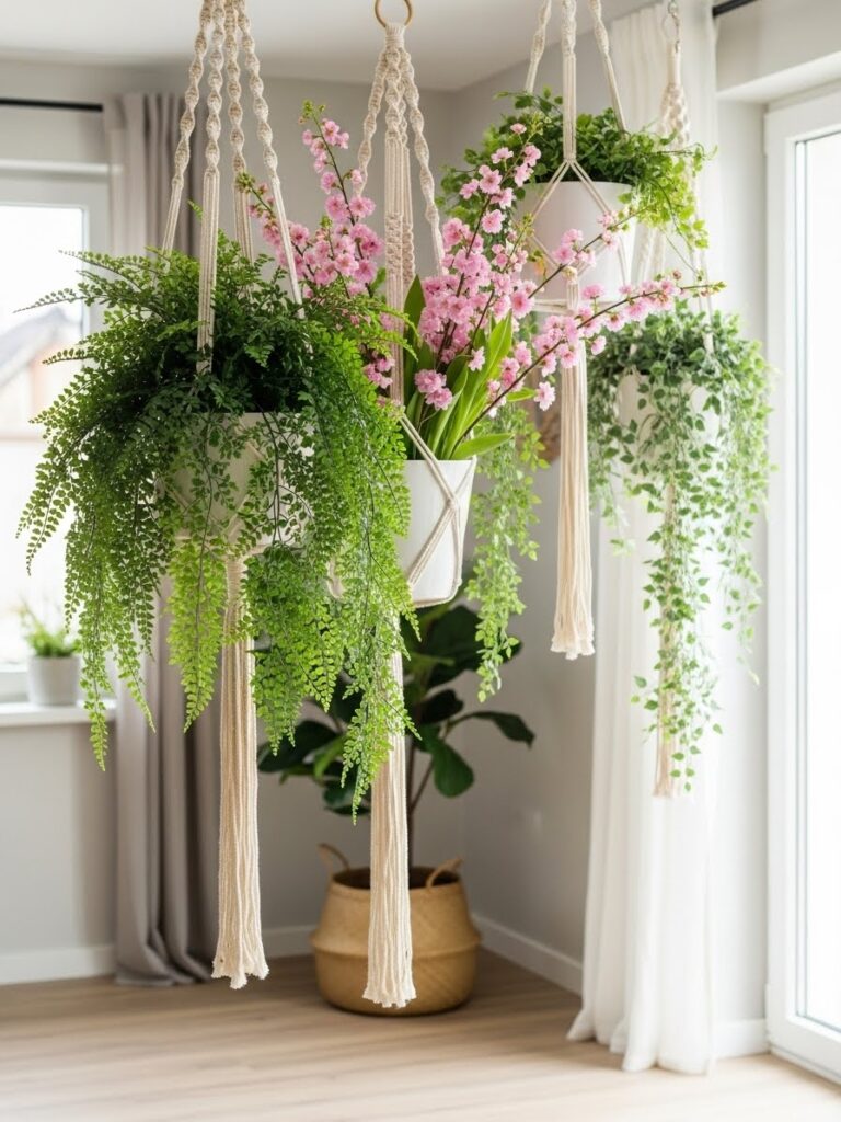 Macrame plant hanger with cascading green ferns and soft spring blossoms decorating an indoor space