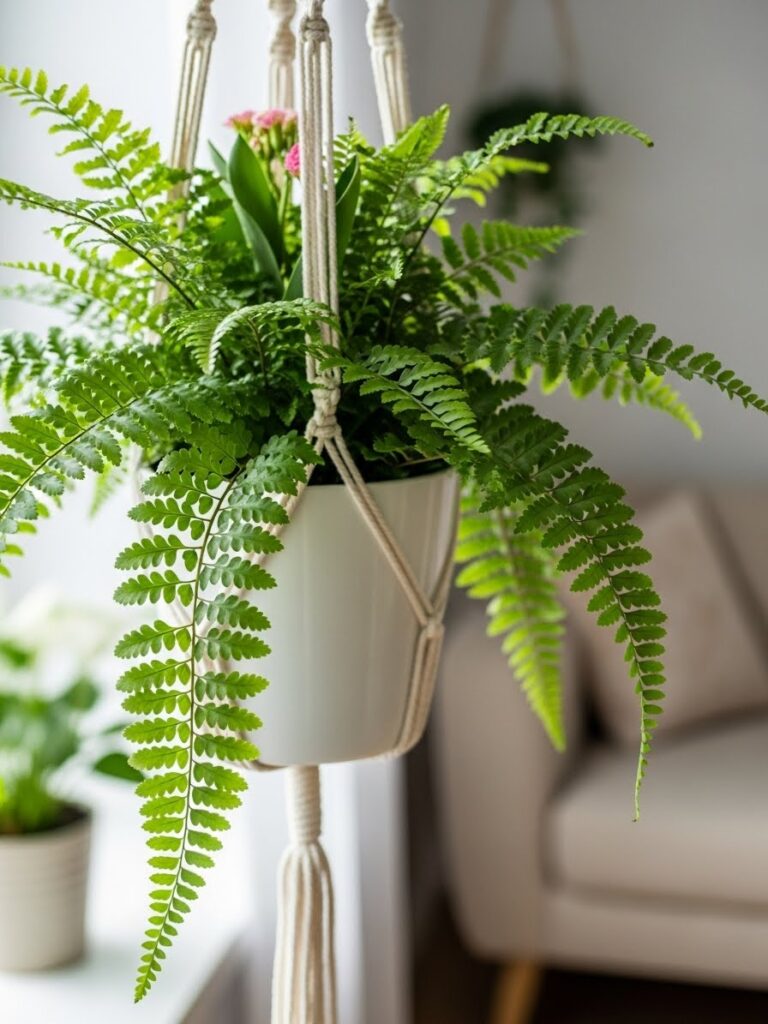 Close-up of macrame plant hanger with lush green ferns for indoor spring decor