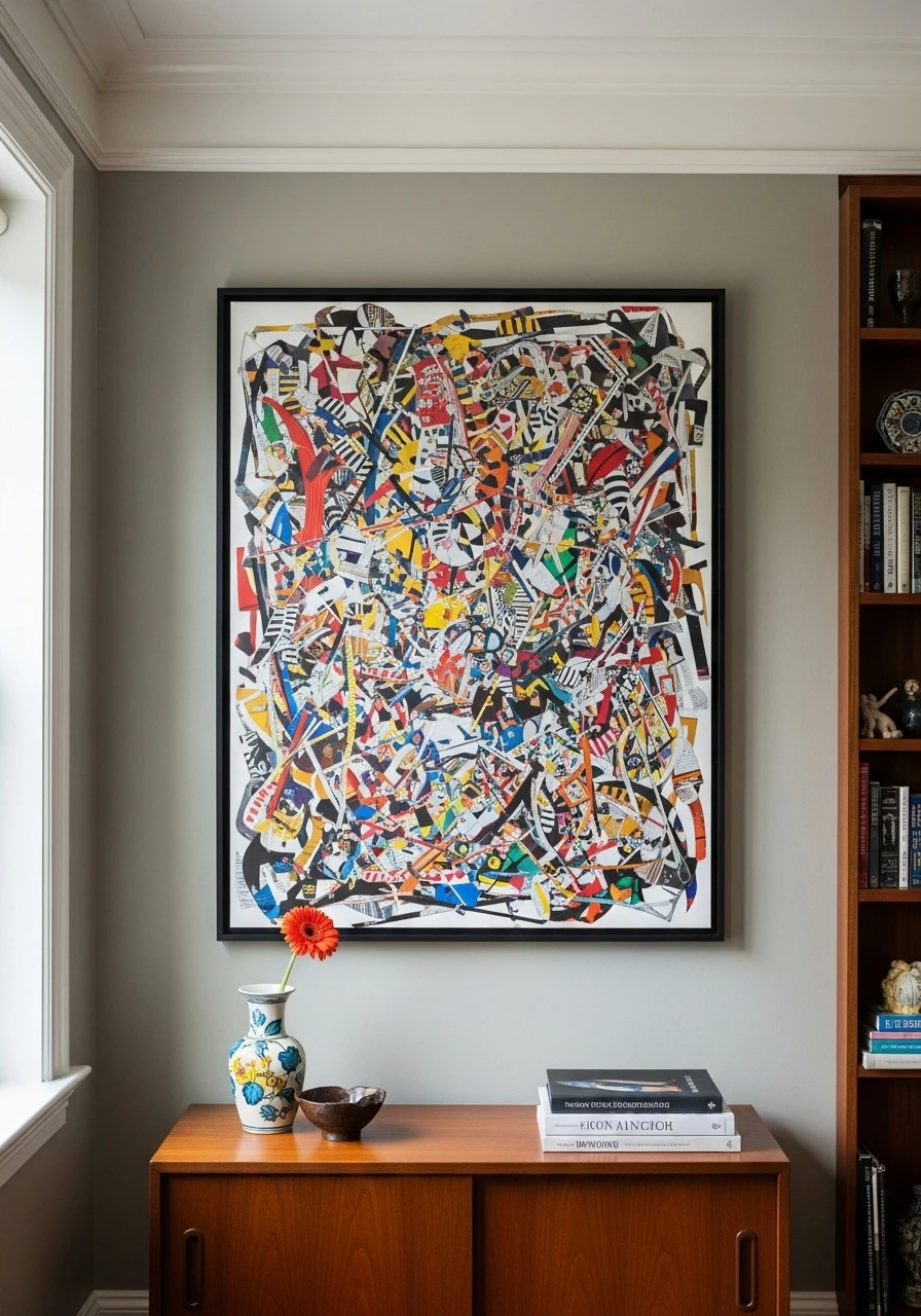 Colorful magazine page collage artwork framed on living room wall