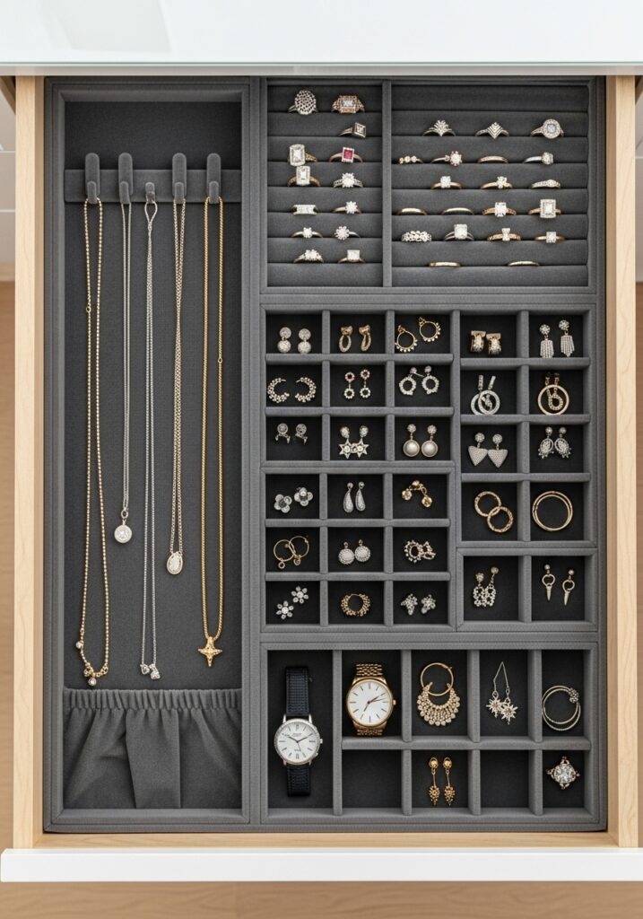 Open vanity drawer showing built-in jewelry organizer with velvet compartments