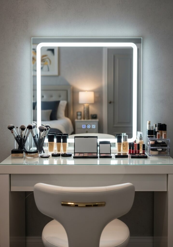 White bedroom makeup vanity with LED lighted mirror and organized product display