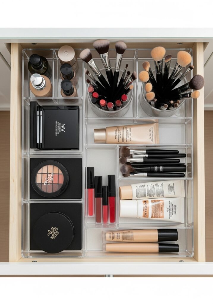 Open vanity drawer showing acrylic organizers with sorted makeup products
