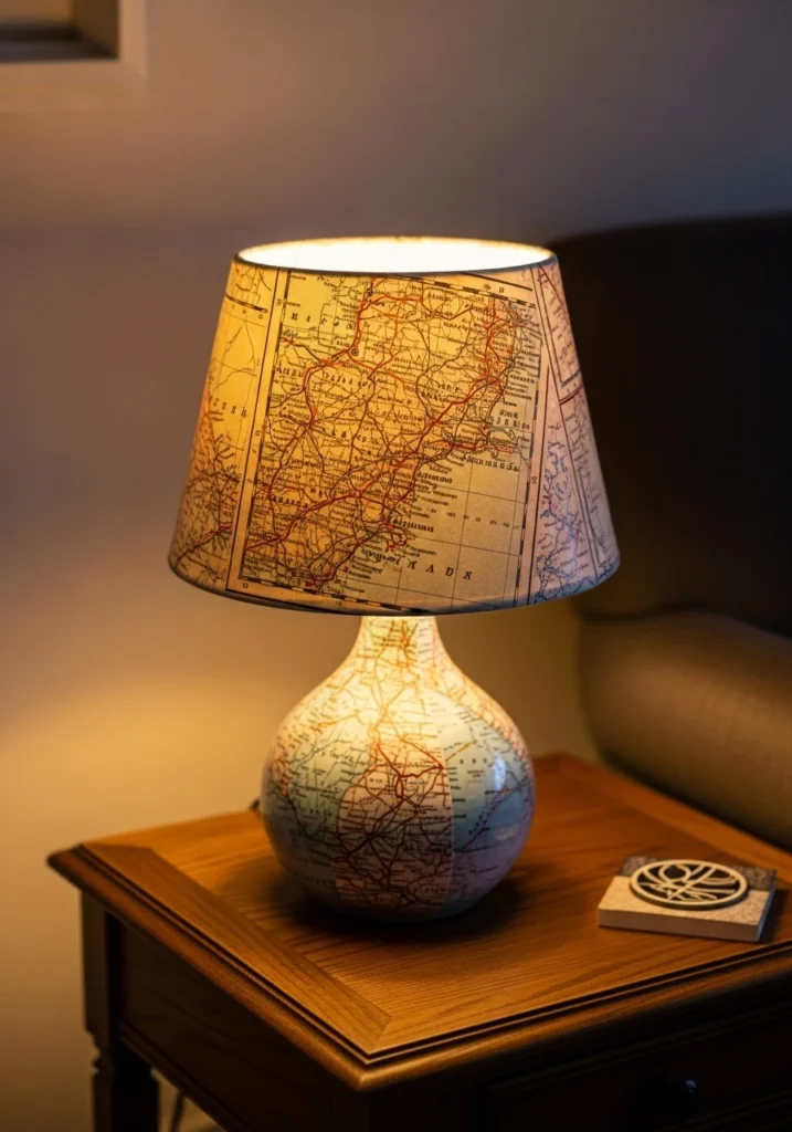 Lampshade covered in vintage map pages on side table with lamp glowing