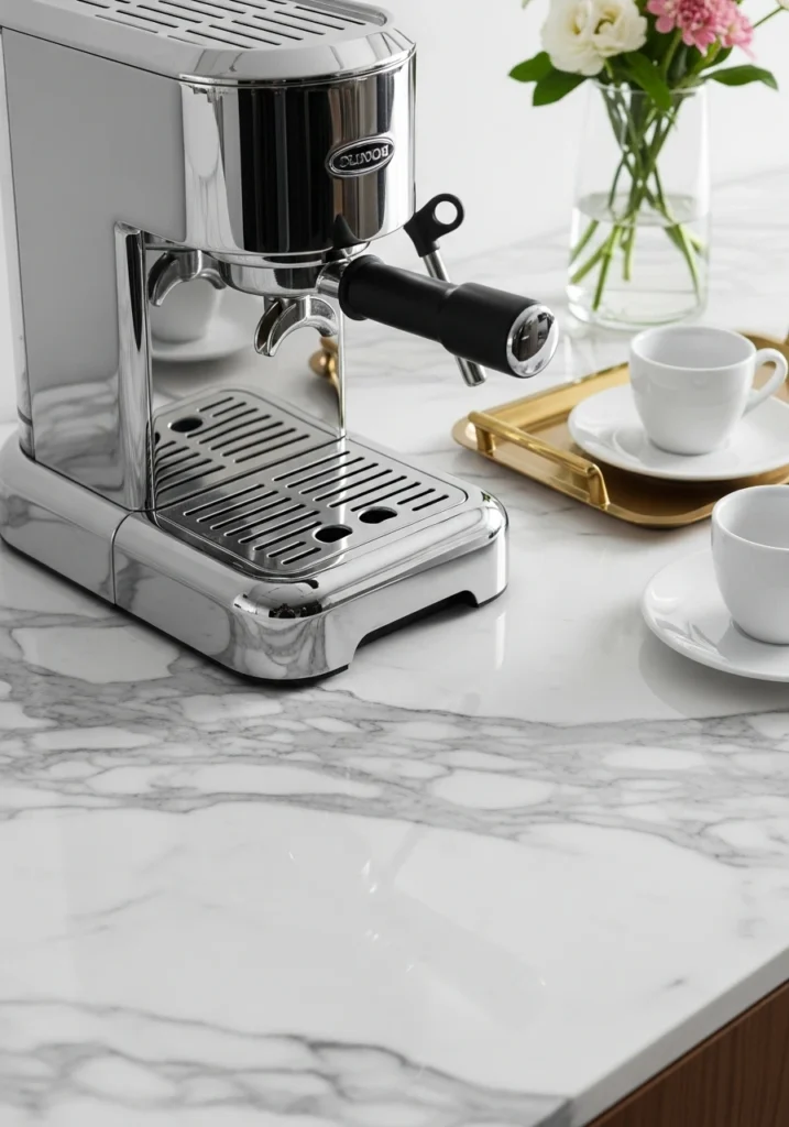 White marble countertop coffee bar with chrome espresso machine and gold tray accessories