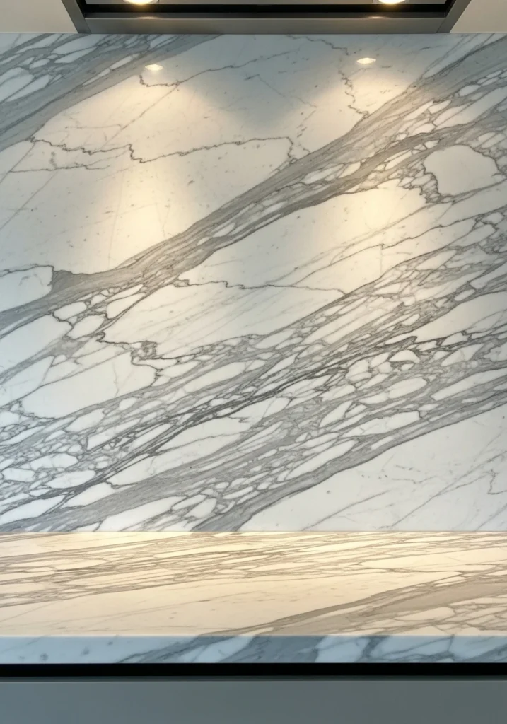 Full height marble slab kitchen backsplash with dramatic veining and no seams