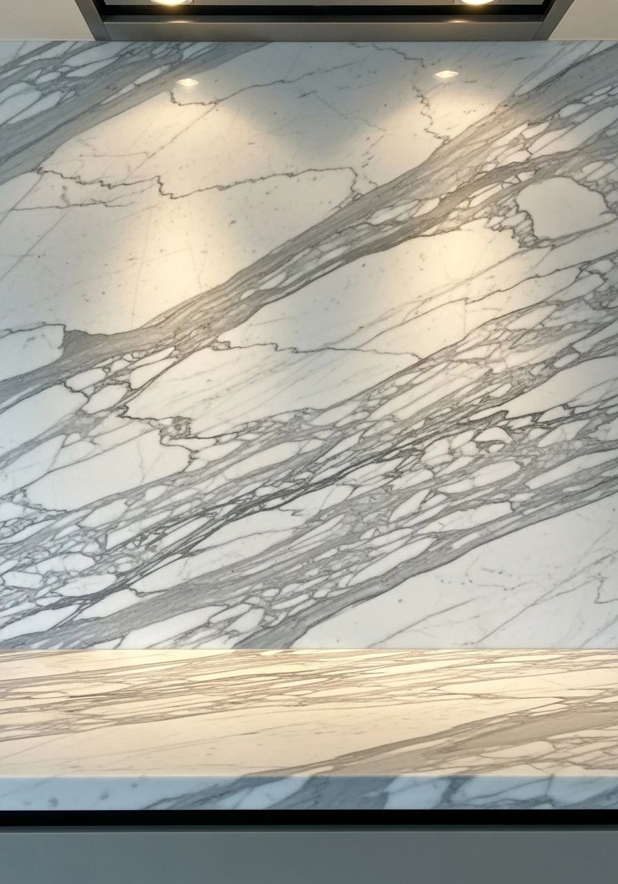 Full height marble slab kitchen backsplash with dramatic veining and no seams
