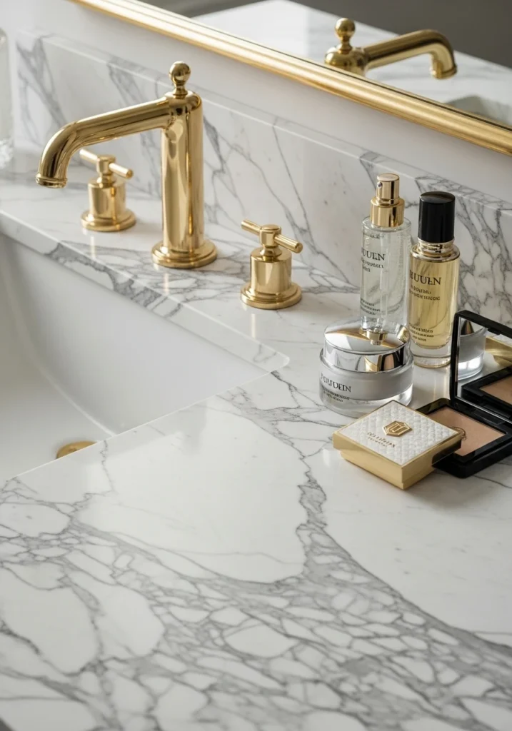 White marble bathroom vanity countertop with natural veining and gold fixtures