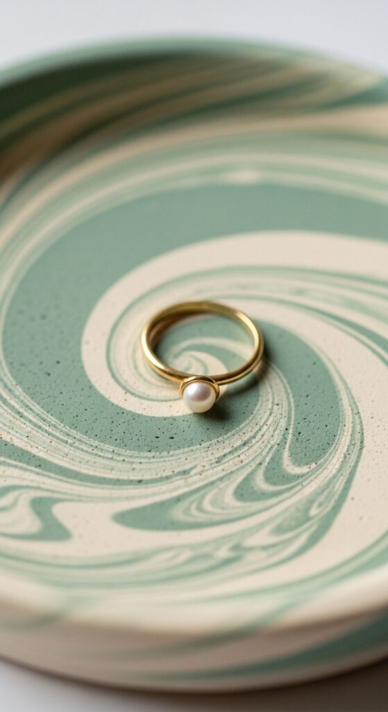 Close-up of marbled air dry clay dish showing detailed sage green and cream swirl pattern