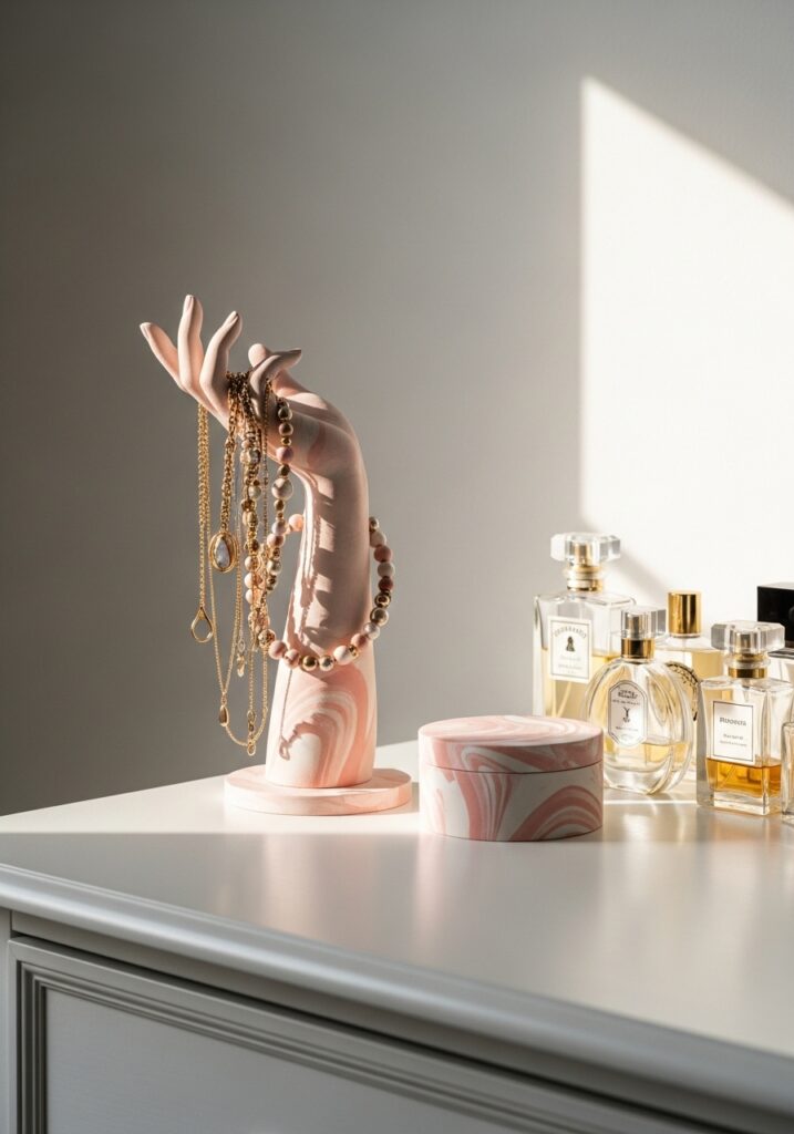 Marbled blush and cream air dry clay jewelry holder shaped like hand with necklaces